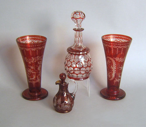 Appraisal: Pair of etched ruby glass vases h together with a