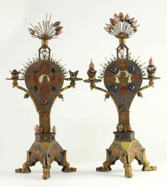 Appraisal: Pair of Antique Enameled Candelabraone candelabrum decorated with the four