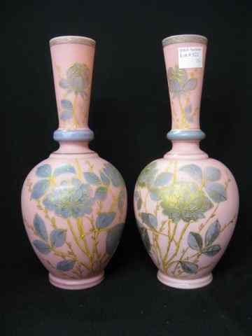 Appraisal: Pair of Victorian Pink Bristol Glass Vases enameled floral ''