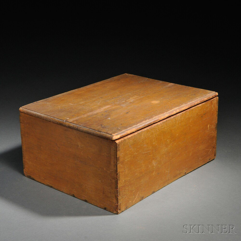 Appraisal: Shaker Yellow-stained Pine Covered Storage Box dovetail-constructed rectangular box with