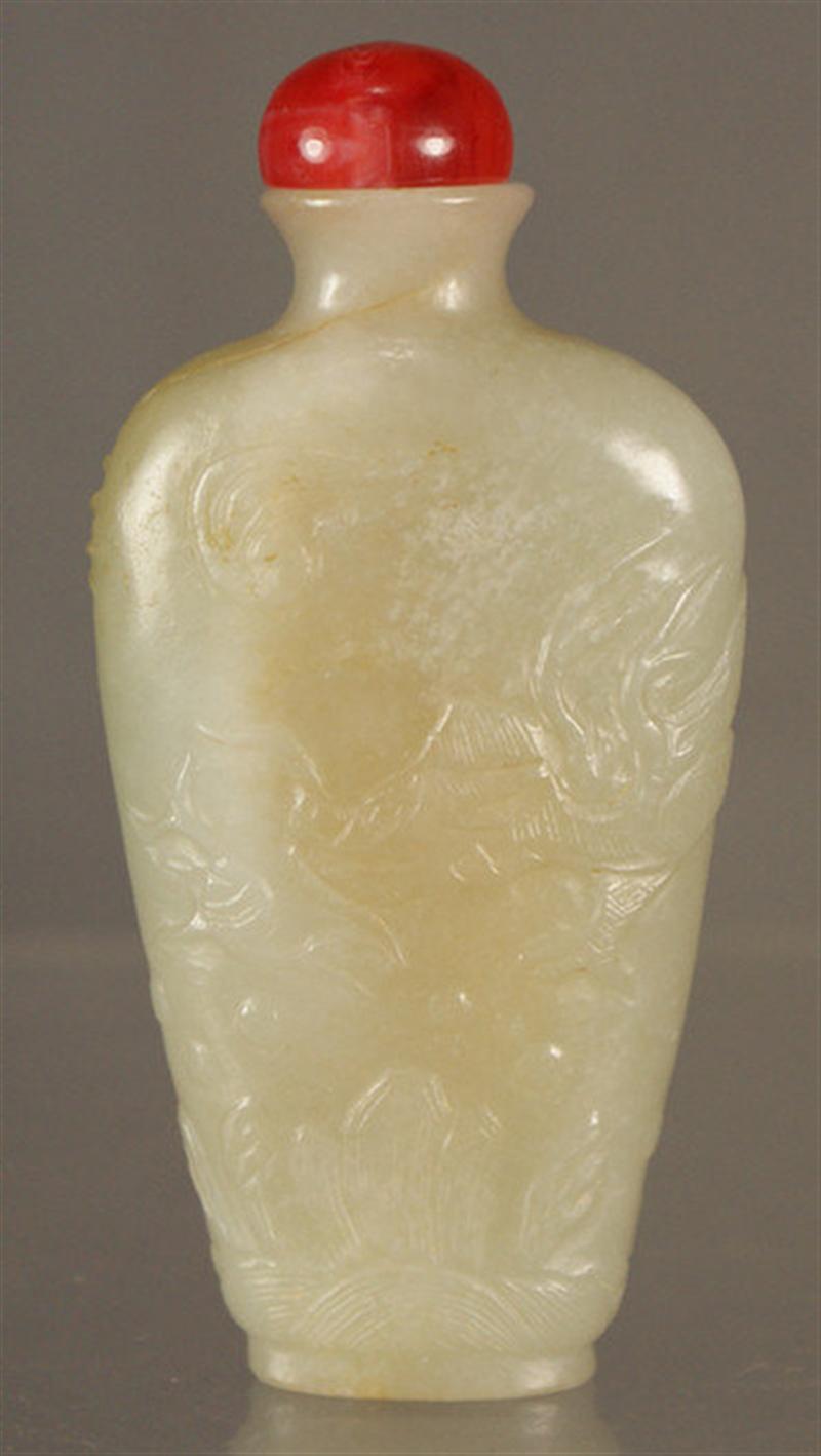 Appraisal: dragon carved mutton fat jade snuff bottle carnelian stopper tall