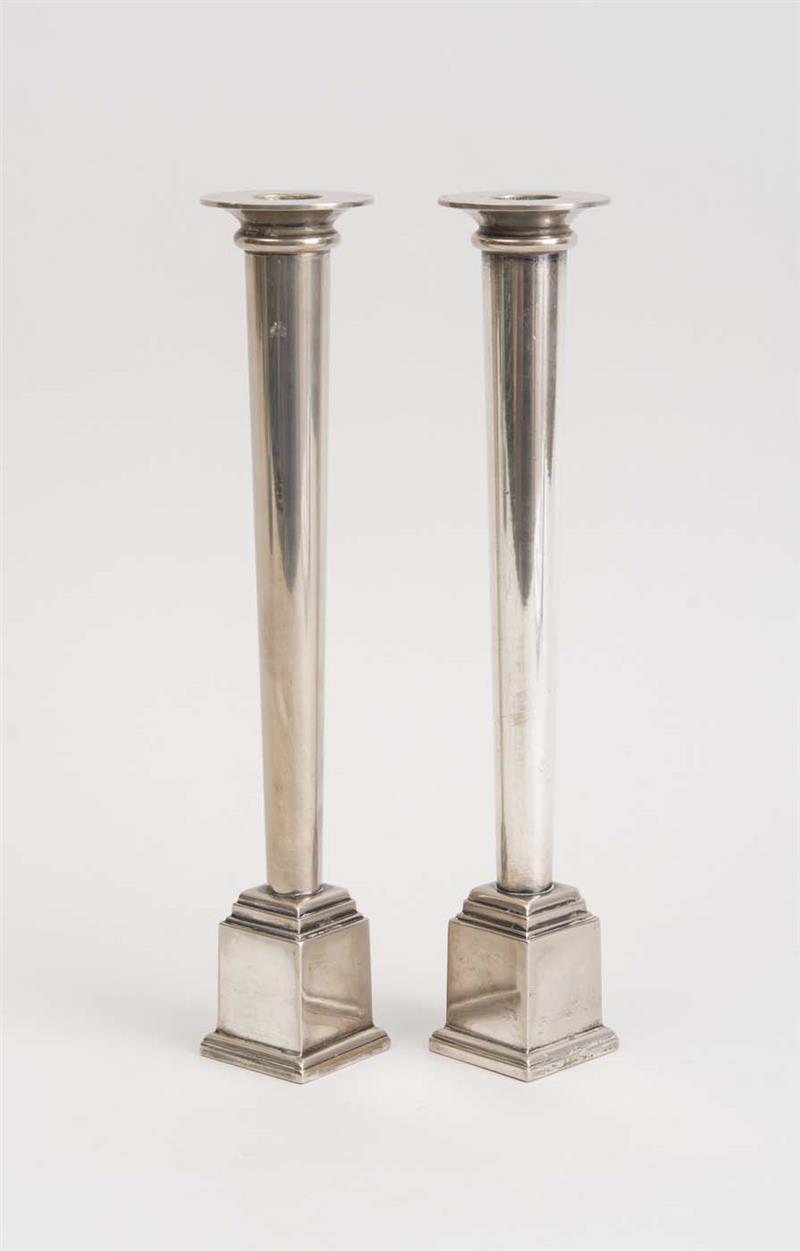 Appraisal: PAIR OF ITALIAN SILVER-PLATED CANDLESTICKS SWID POWELL Marked 'Swid Powell