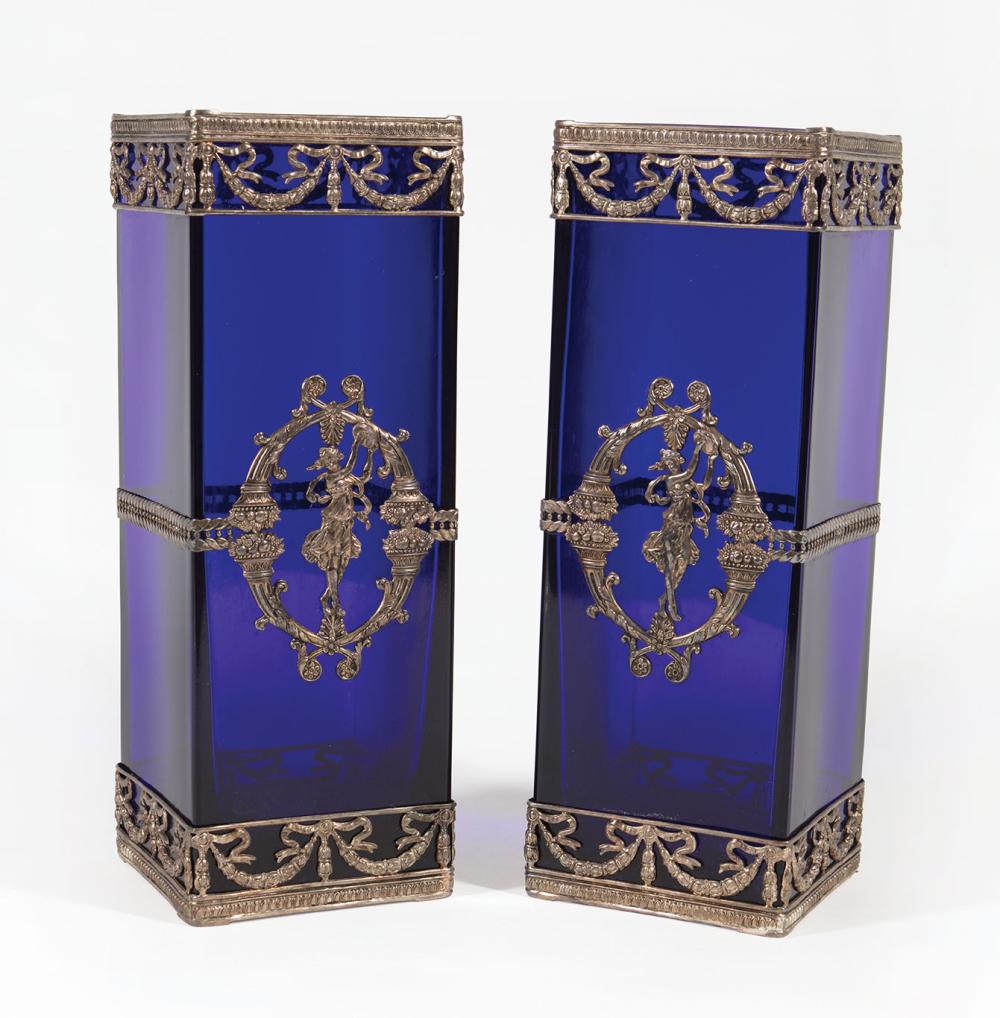 Appraisal: Pair of French Empire-Style Silvered Metal-Mounted Cobalt Glass Vases probably