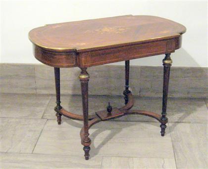 Appraisal: Louis XVI style brass mounted marquetry inlaid walnut center table