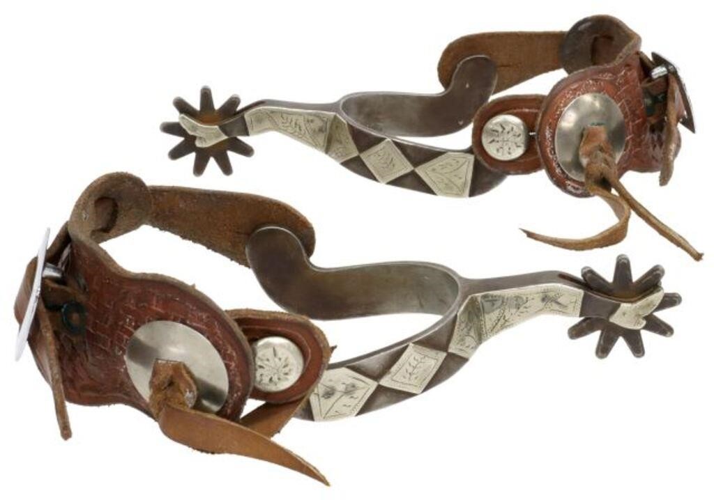 Appraisal: pair Western cowboy spurs marked Crockett outside heelband with engraved