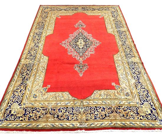 Appraisal: Persian Kirman carpet ' x ' large singular medallion with