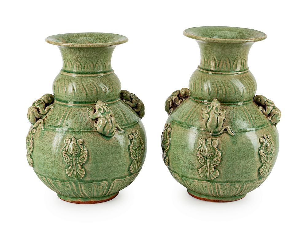 Appraisal: A Pair of Chinese Celadon-Glazed Porcelain Vases A Pair of