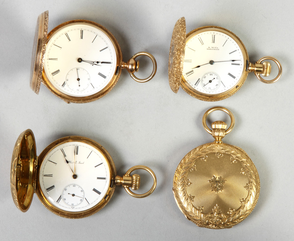 Appraisal: Four K Gold Pocket Watches Enameled key wind marked Arnold