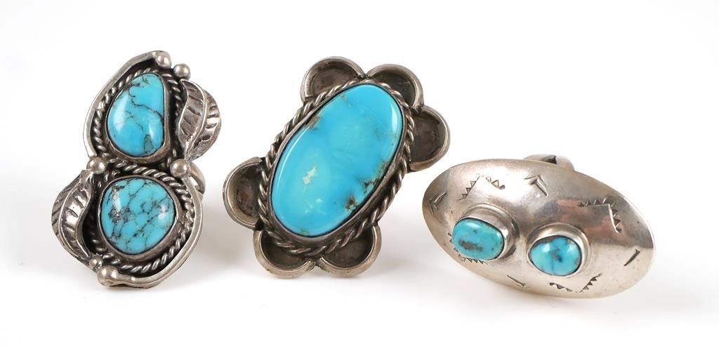 Appraisal: Lot of three vintage Native American sterling silver and turquoise