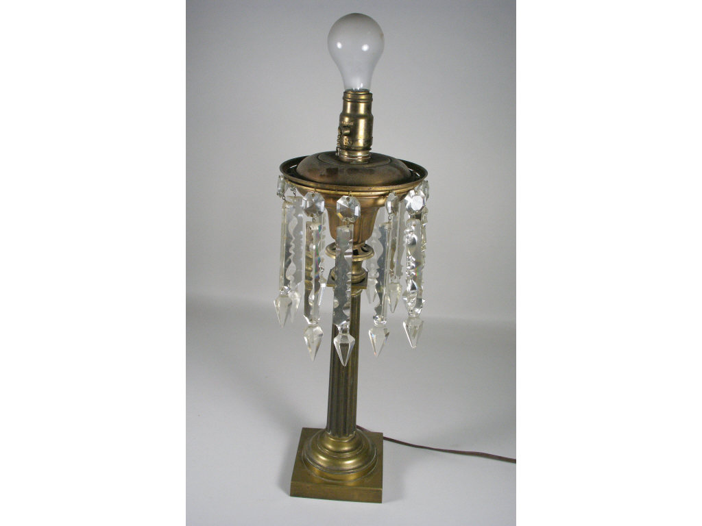 Appraisal: Antique Brass Drop Prism Table Lamp fluted Doric column on