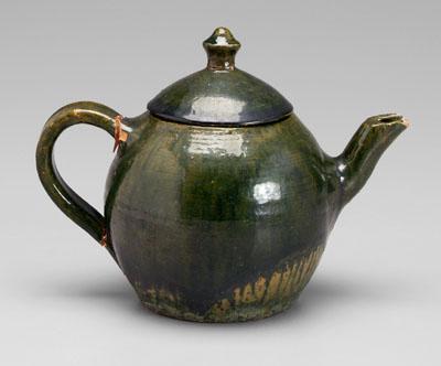 Appraisal: Earthenware teapot green glaze probably Seagrove area North Carolina th