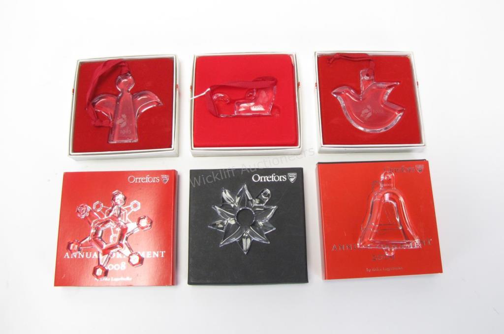 Appraisal: Six Orrefors crystal annual ornaments including depicting a dove depicting