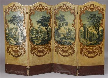 Appraisal: CONTINENTAL-PAINTED CANVAS FOUR-FOLD SCREEN Each fold with scene in tones