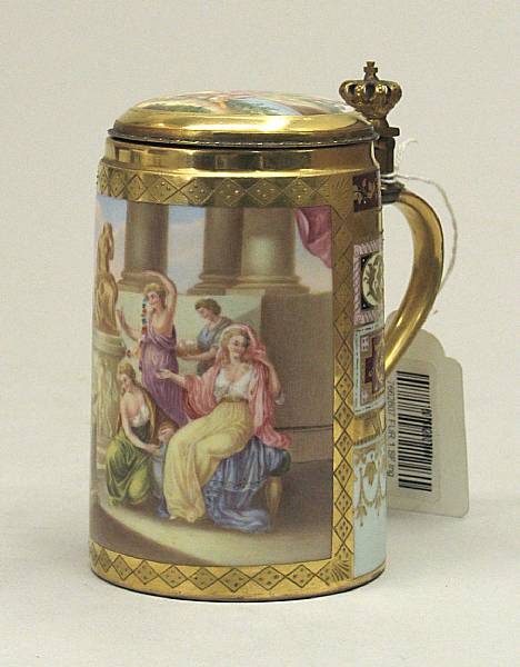 Appraisal: A Vienna style porcelain gilt bronze mounted tankard Eleander amp