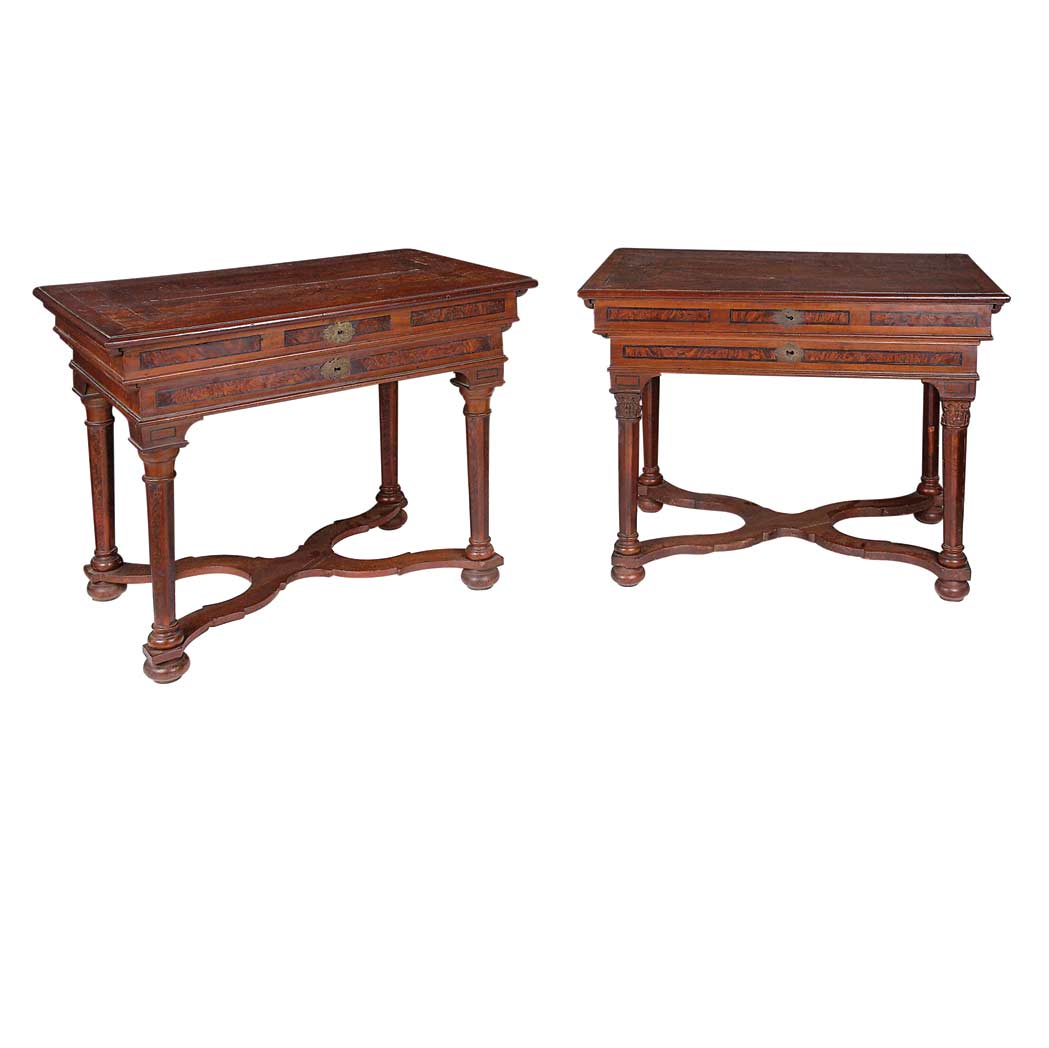 Appraisal: Companion Pair of Italian Baroque Walnut Burl-Walnut and Rosewood Consoles