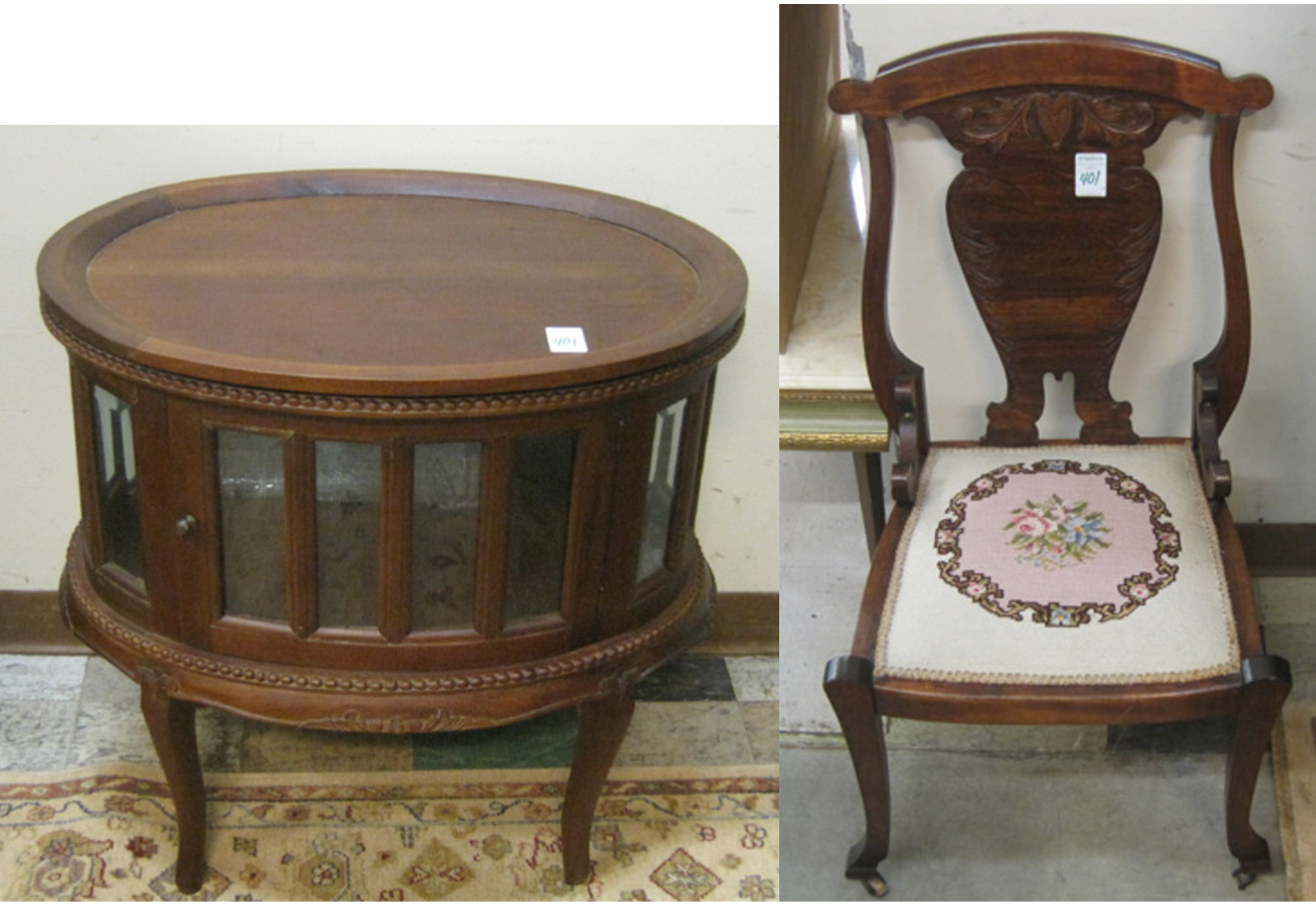 Appraisal: MAHOGANY VITRINE TABLE AND SIDE CHAIR The oval vitrine table