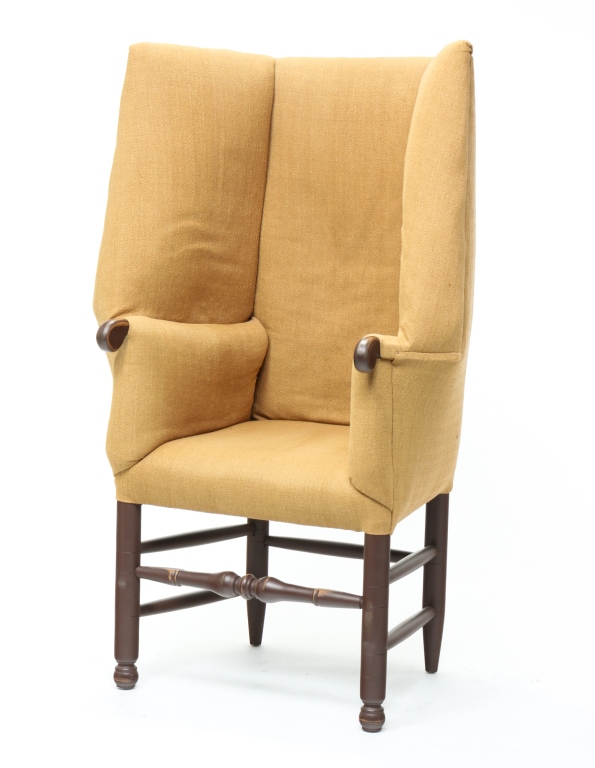 Appraisal: AMERICAN COUNTRY WINGBACK CHAIR Late th century maple In the