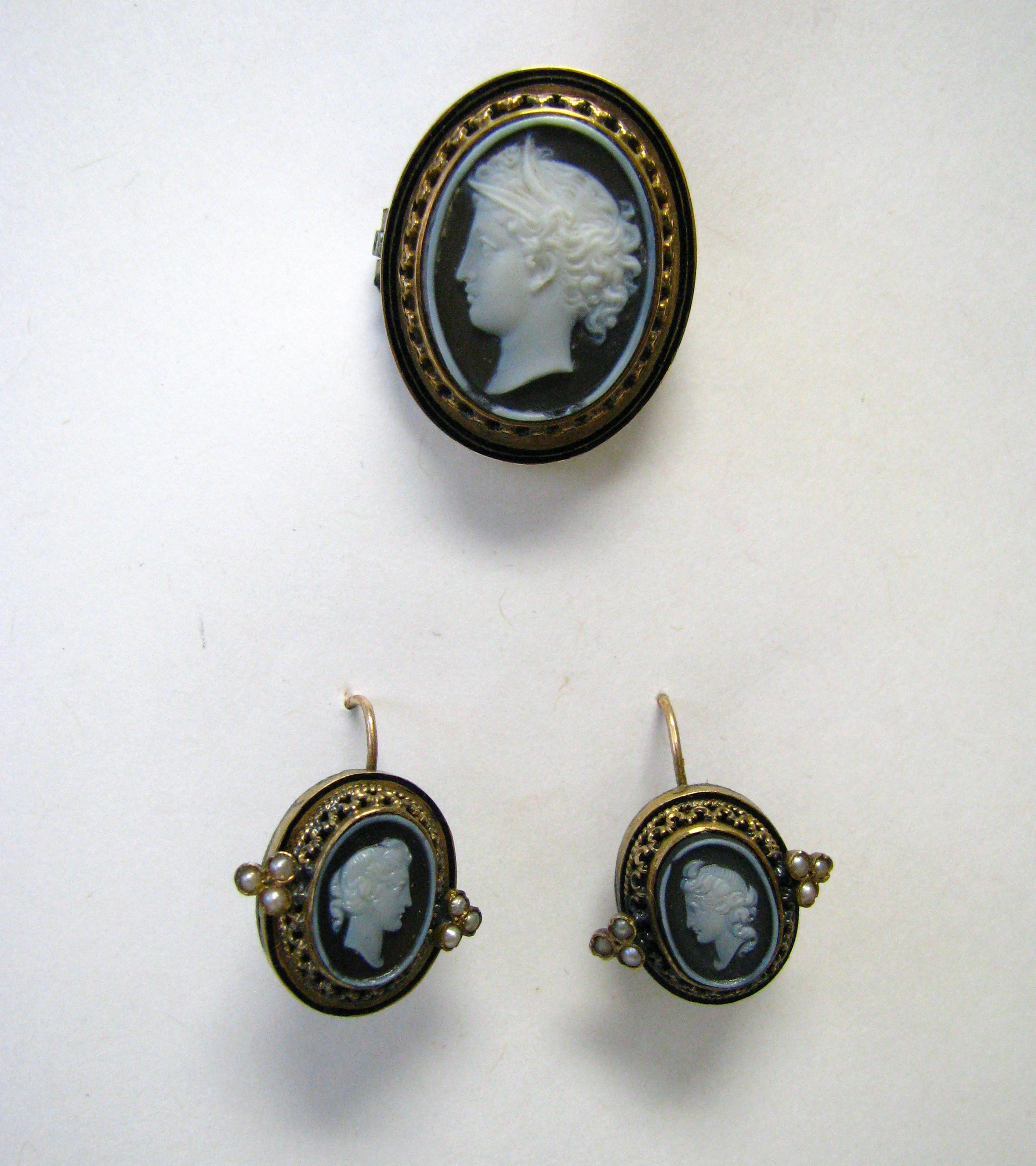 Appraisal: Antique cameo pin and matching earrings yellow gold filled