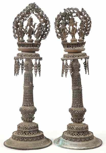 Appraisal: Pair of Bronze Bodhisattva Statues th century reticulated mask and