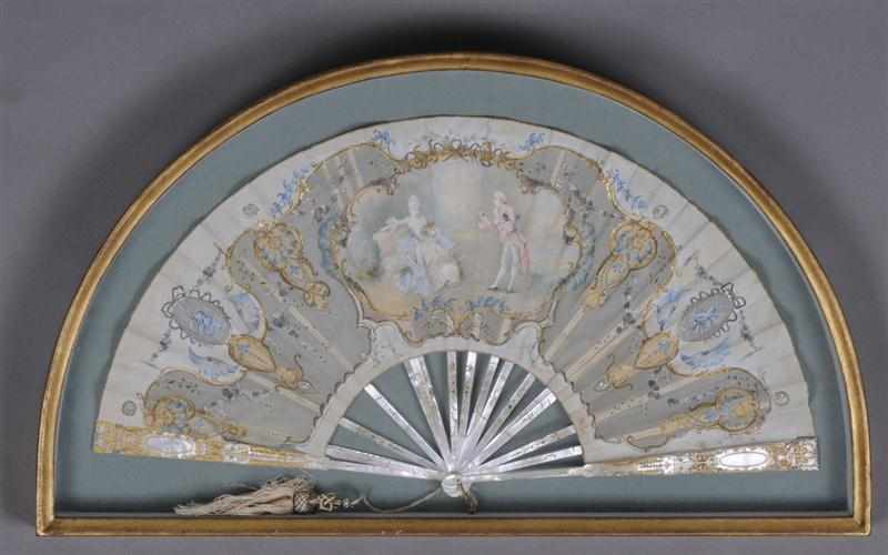 Appraisal: FRENCH WATERCOLOR ON PAPER MOUNTED ON A GAUZE FAN Centered