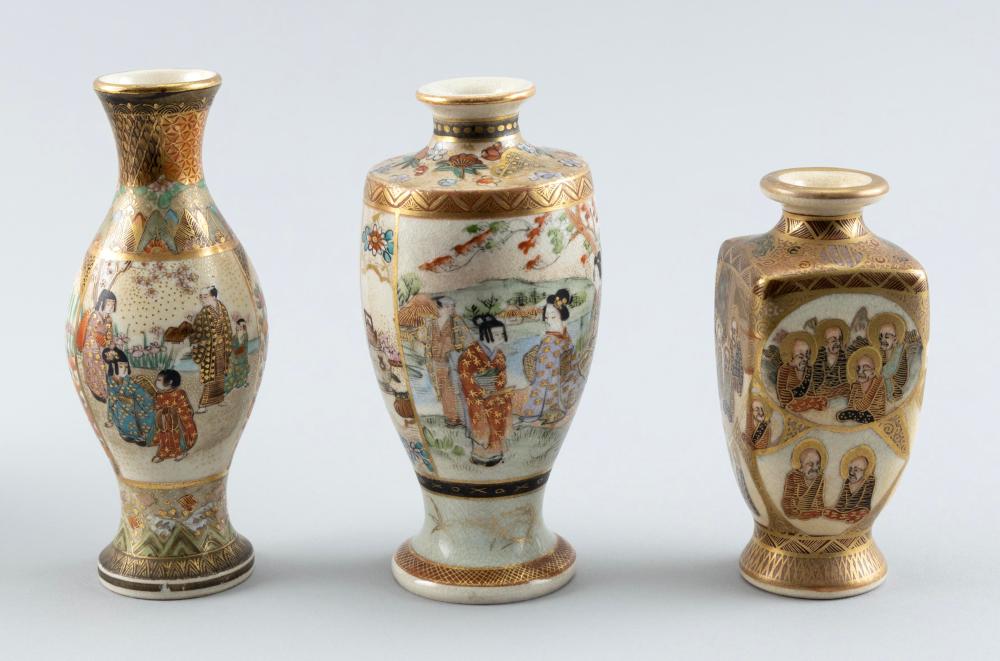 Appraisal: THREE MINIATURE JAPANESE SATSUMA PORCELAIN VASES MEIJI PERIODTHREE MINIATURE JAPANESE