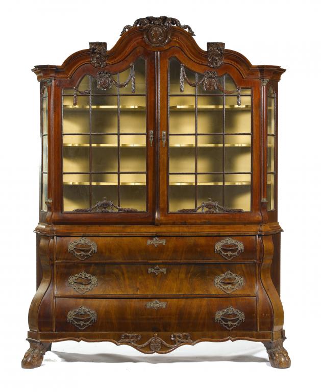 Appraisal: A DUTCH NEO-CLASSICAL MAHOGANY CABINET the undulating cavetto cornice crested