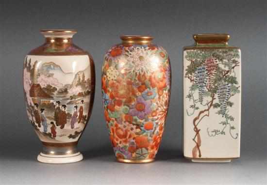 Appraisal: Three Japanese Satsuma earthenware cabinet vases early th century square-form