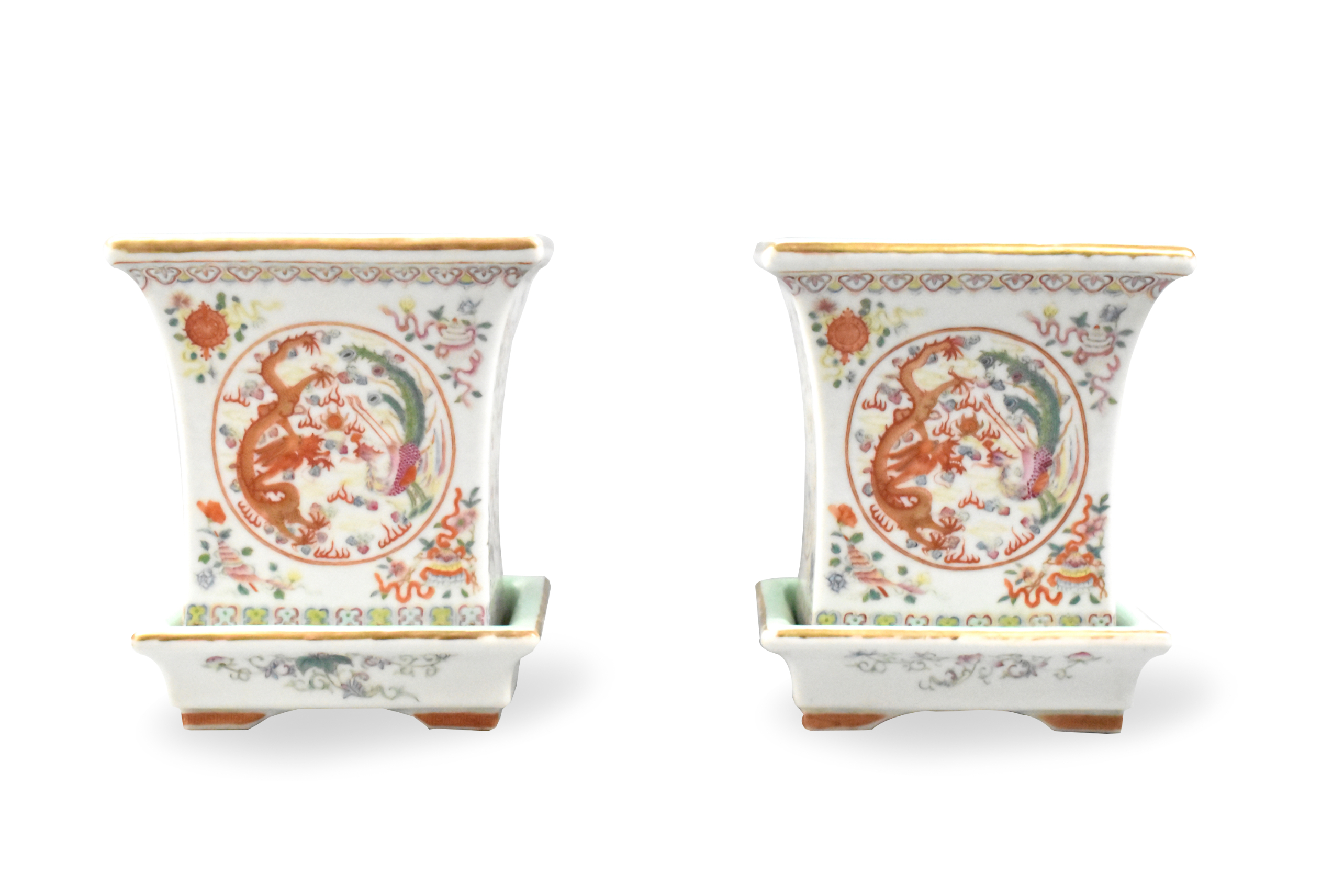 Appraisal: A pair of square Chinese famille rose planters in trays