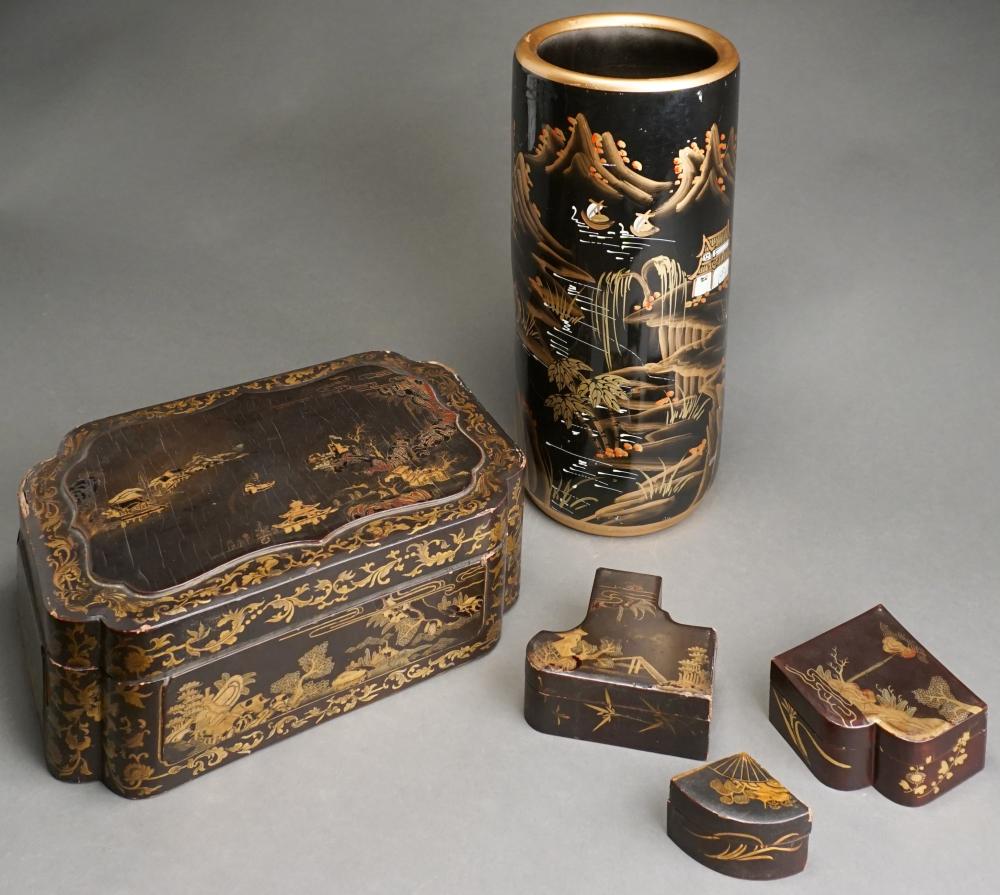 Appraisal: Japanned Lacquer Table Box with Three Smaller Containers and a