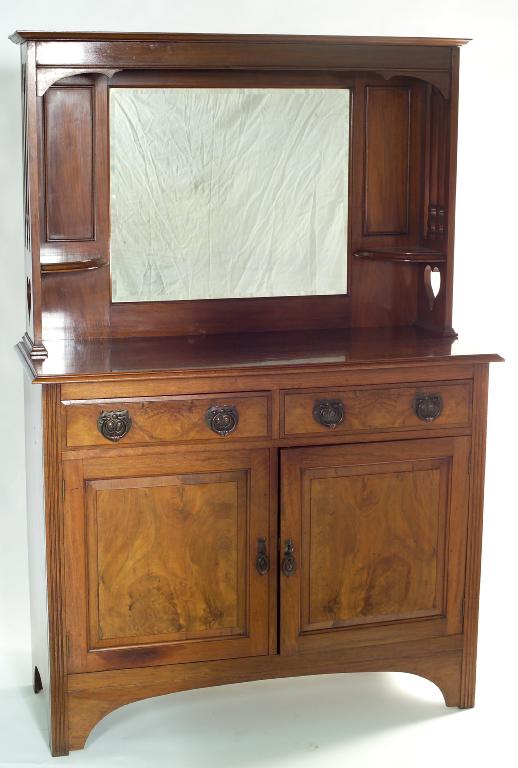 Appraisal: EDWARDIAN SATIN WALNUT MIRROR-BACKED SIDEBOARD the upper section with heart-shaped