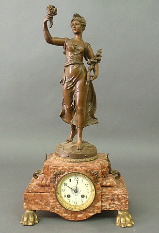 Appraisal: - French marble and faux bronze spelter metal mantel clock