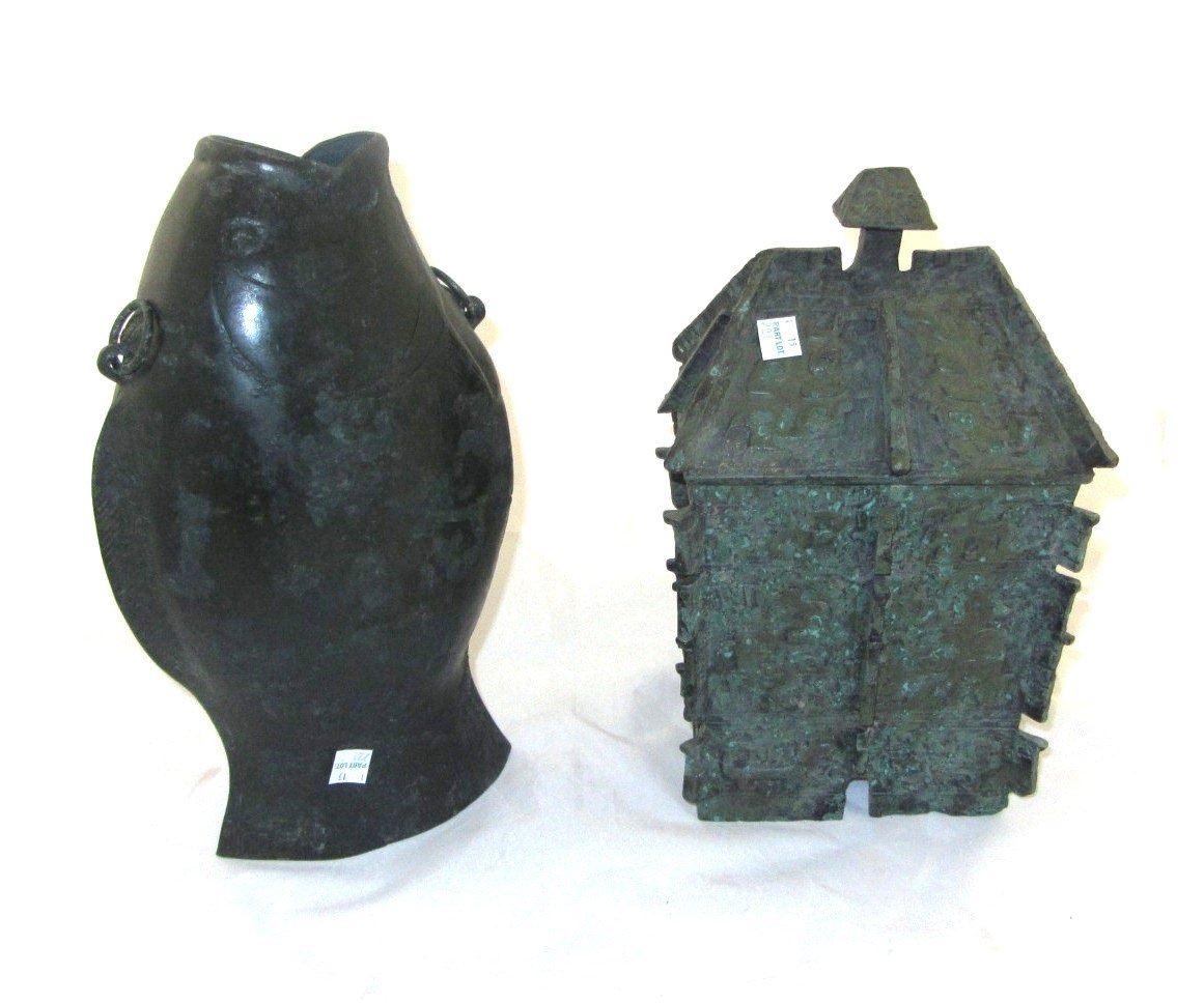 Appraisal: Three Chinese bronze replica vessels Fang Yi Hu and Yi