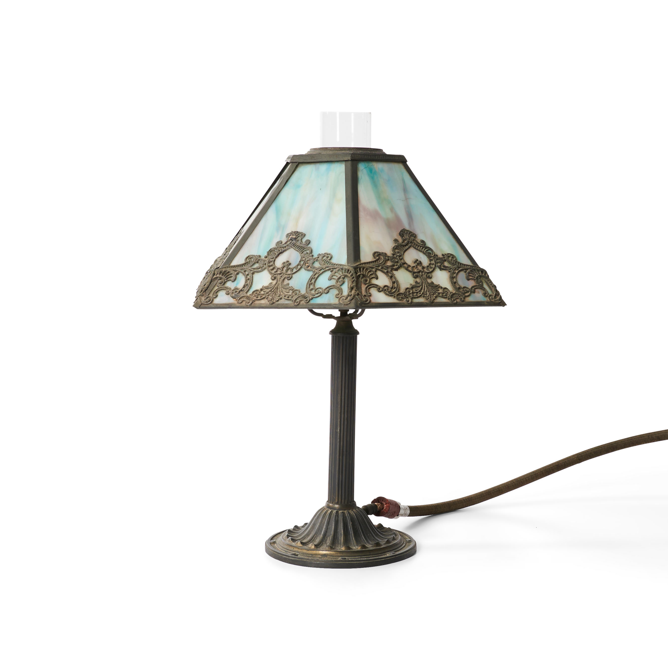 Appraisal: GAS TABLE LAMP WITH SLAG GLASS SHADE late th early