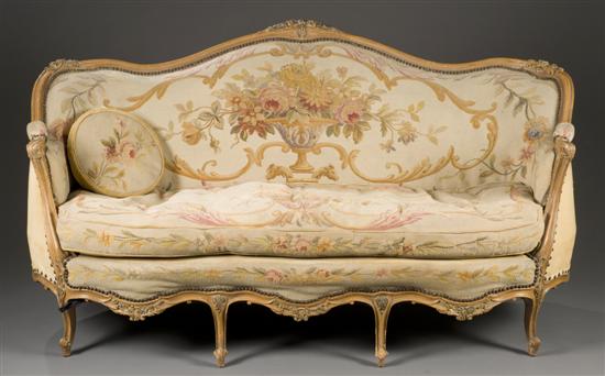 Appraisal: Louis XV style canape gondola chair with tapestry upholstery Canape