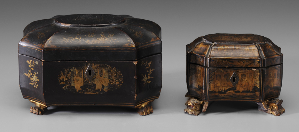 Appraisal: Two Chinese Export Lacquer Tea Boxes th century one diminutive