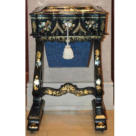 Appraisal: Chinese Export Black Lacquered and Mother-of-Pearl Inlaid Sewing Table Estimate