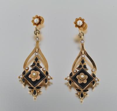 Appraisal: A Pair of Victorian Gold Onyx and Seed Pearl Earrings