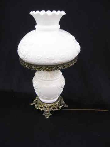 Appraisal: Milk Glass Lamp raised rose decor matching shade bronzed trim