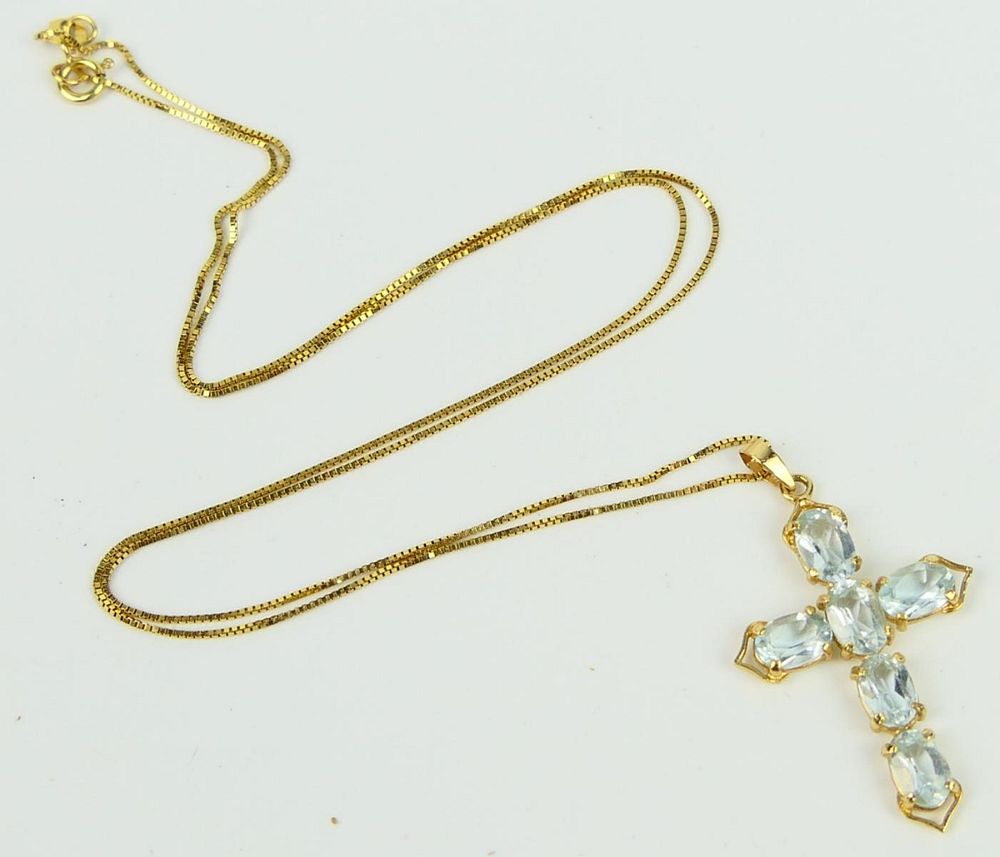 Appraisal: LOVELY KT Y GOLD NECKLACE WITH TOPAZ CROSS Chain long