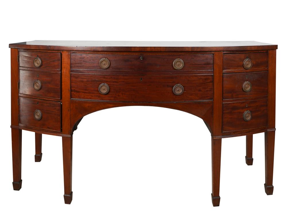 Appraisal: GEORGIAN MAHOGANY SIDEBOARDthe bowfront with a double-fronted central drawer flanked