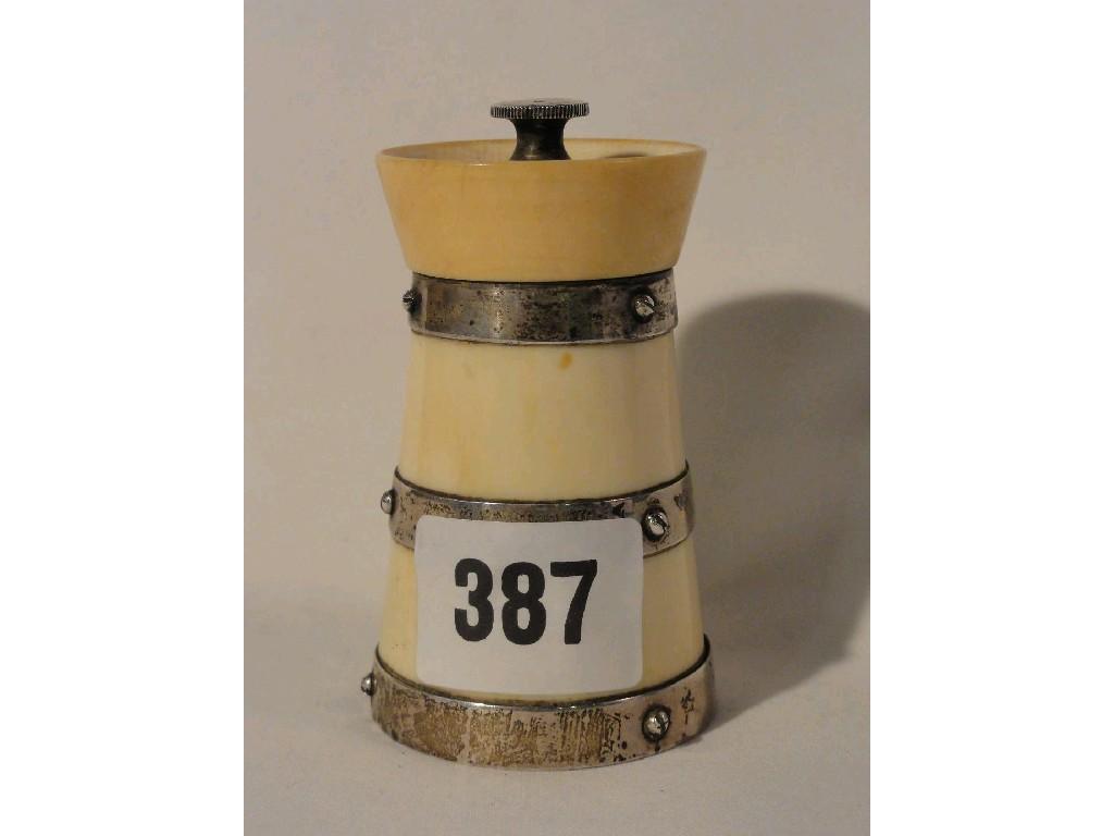 Appraisal: An ivory pepper mill with silver strap bindings Birmingham