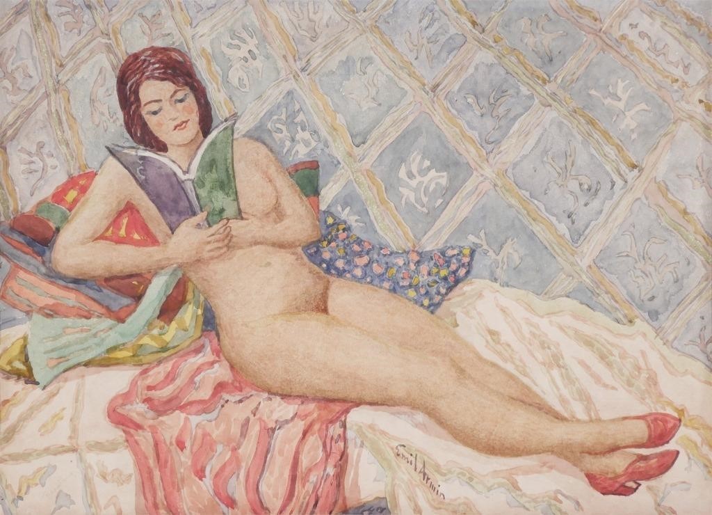 Appraisal: Watercolor on paper showing a nude female reclining and reading