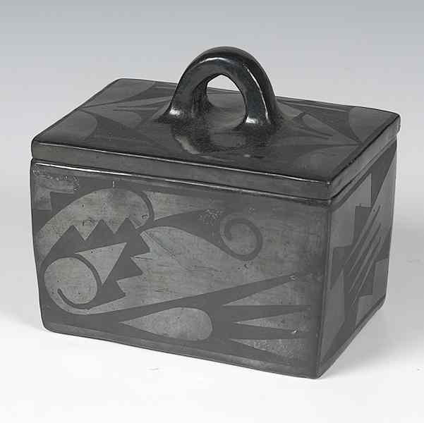 Appraisal: Santa Clara Blackware Lidded Box rectangular box with wing and