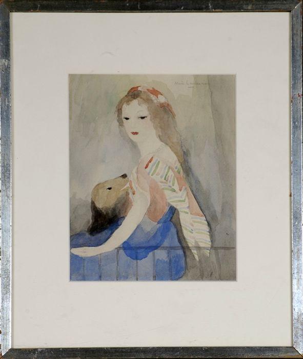 Appraisal: After Marie Laurencin Girl with Dog Watercolor and pencil on