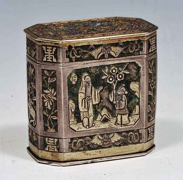 Appraisal: A CHINESE SILVER AND INLAID HEXAGONAL SMALL BOX and cover