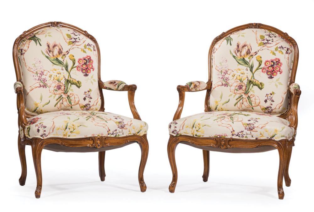 Appraisal: Pair of Regence-Style Fruitwood Fauteuils foliate and cabochon crest padded