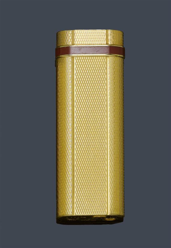 Appraisal: GOLD AND LACQUER LIGHTER CARTIER Gold-plated Cylindrical gas lighter with