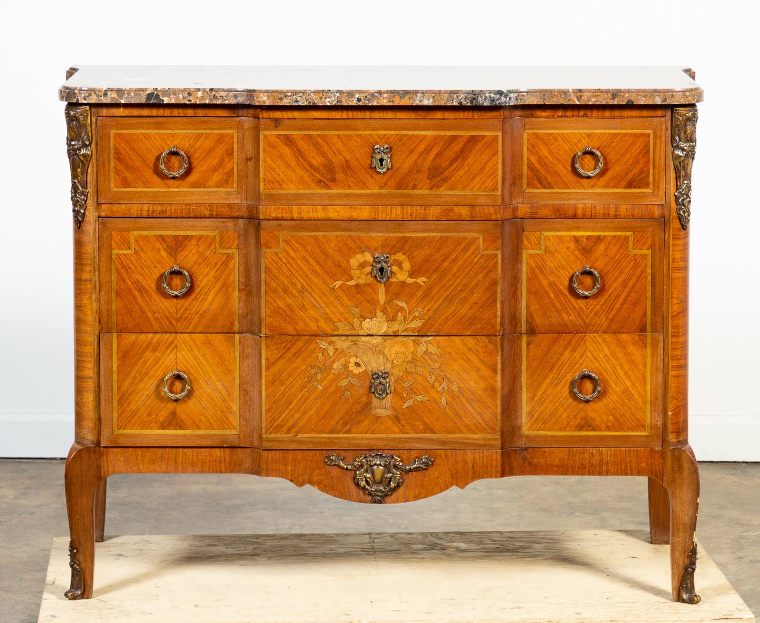 Appraisal: TH C LOUIS XV-STYLE FLORAL MARQUETRY COMMODE French marble top