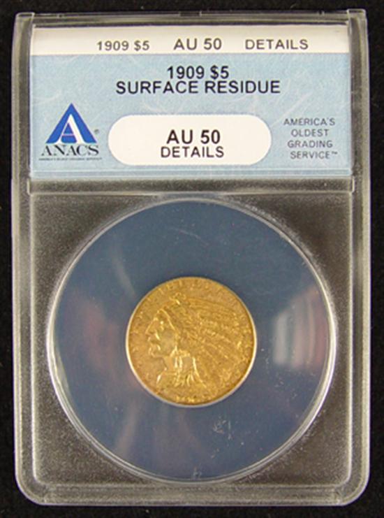 Appraisal: Indian Gold Coin ANACS certified and graded AU details-surface residue