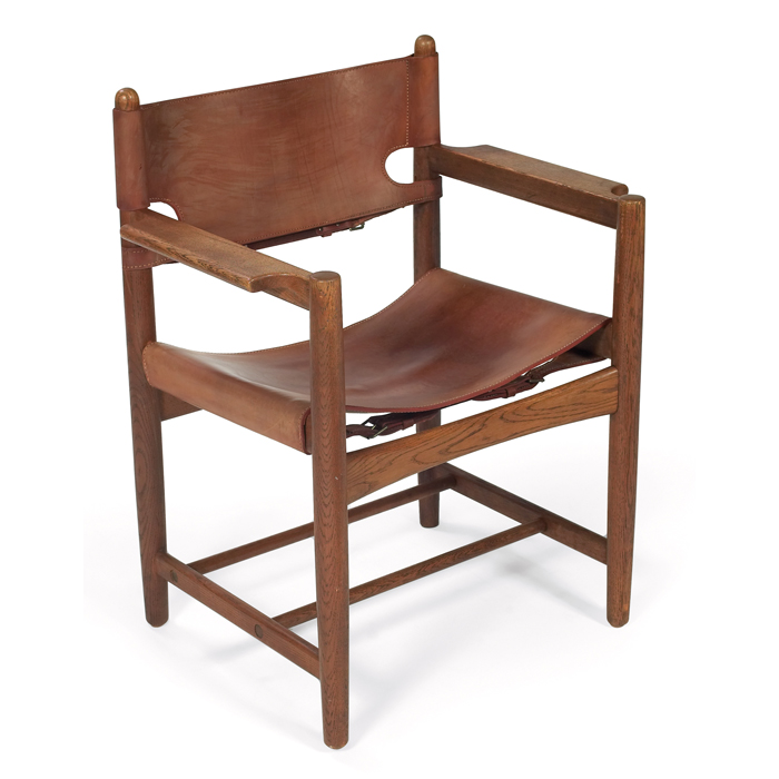 Appraisal: Borge Mogensen Safari chair Denmark oak frame with original tan